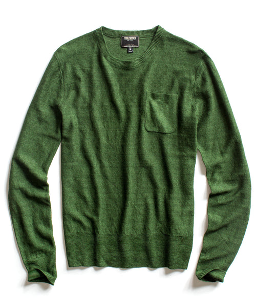 Green Linen Twist Pocket Crew Sweater